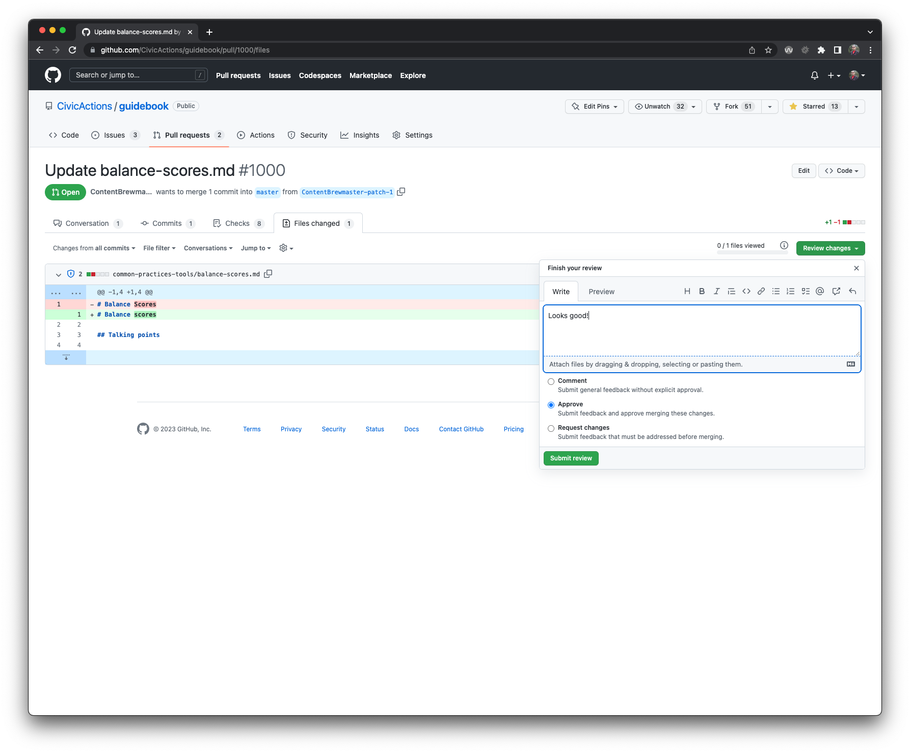 Screenshot of GitHub approval options, including comment, approve, or request changes.